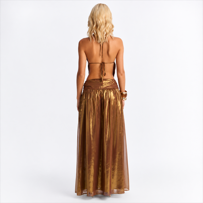 Moonlight Metallic Chiffon Maxi Dress - Bronze
